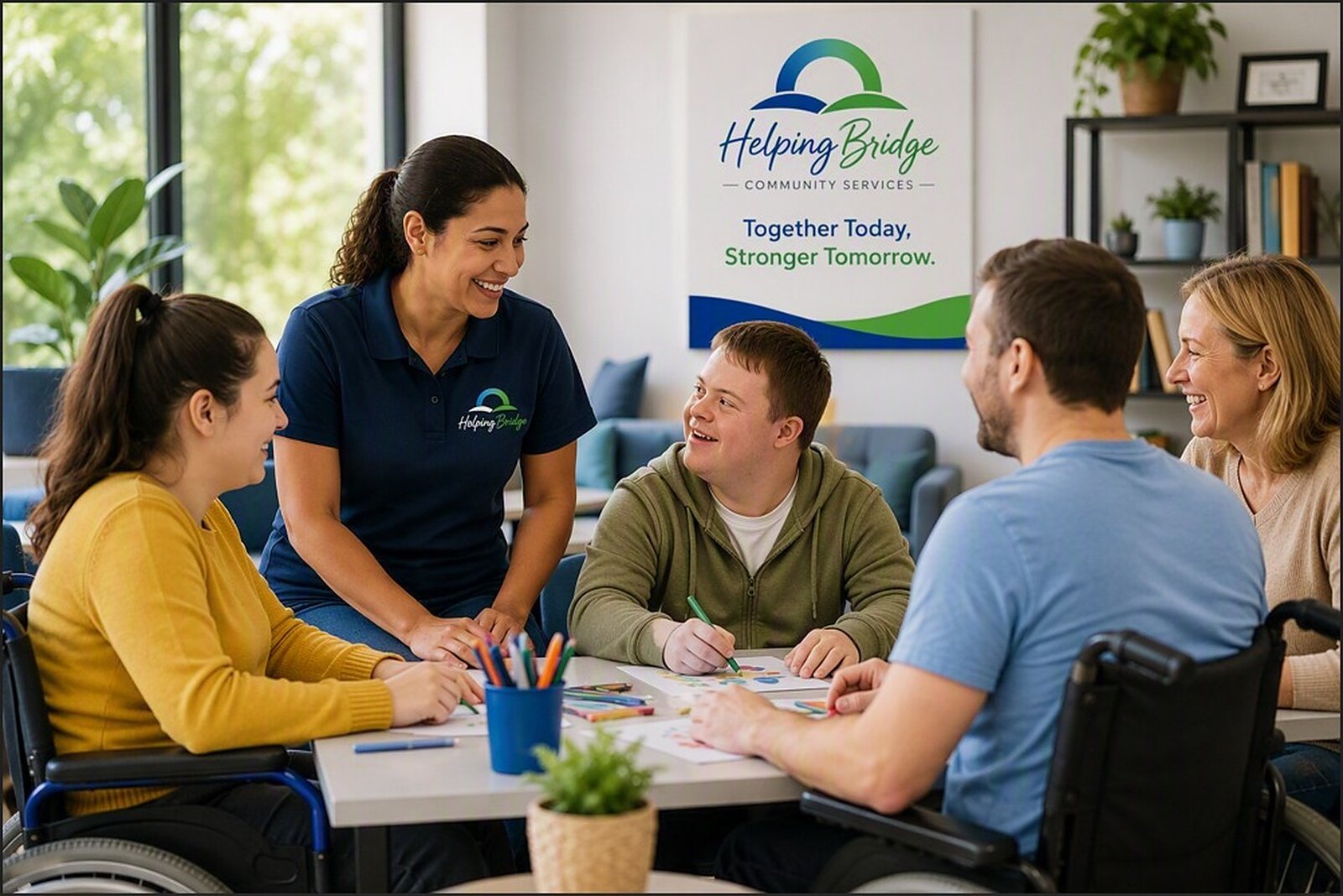HelpingBridge support workers and participants working together at a group session