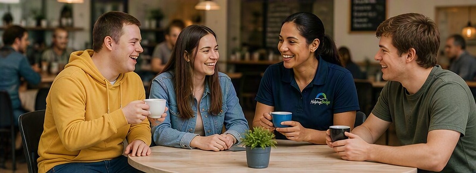 HelpingBridge support worker sharing coffee with participants at a local cafe