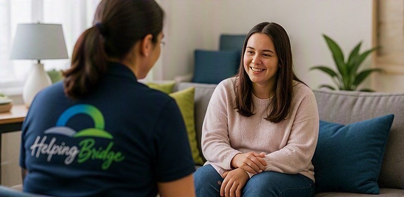 HelpingBridge support worker chatting with a participant at home