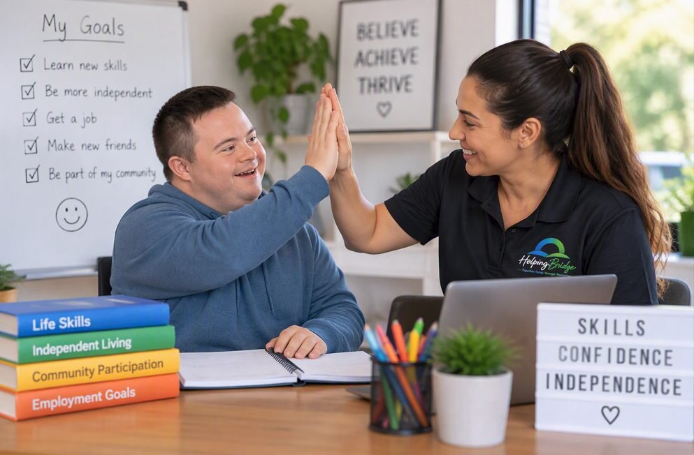 Participant celebrating progress on personal goals with a support worker