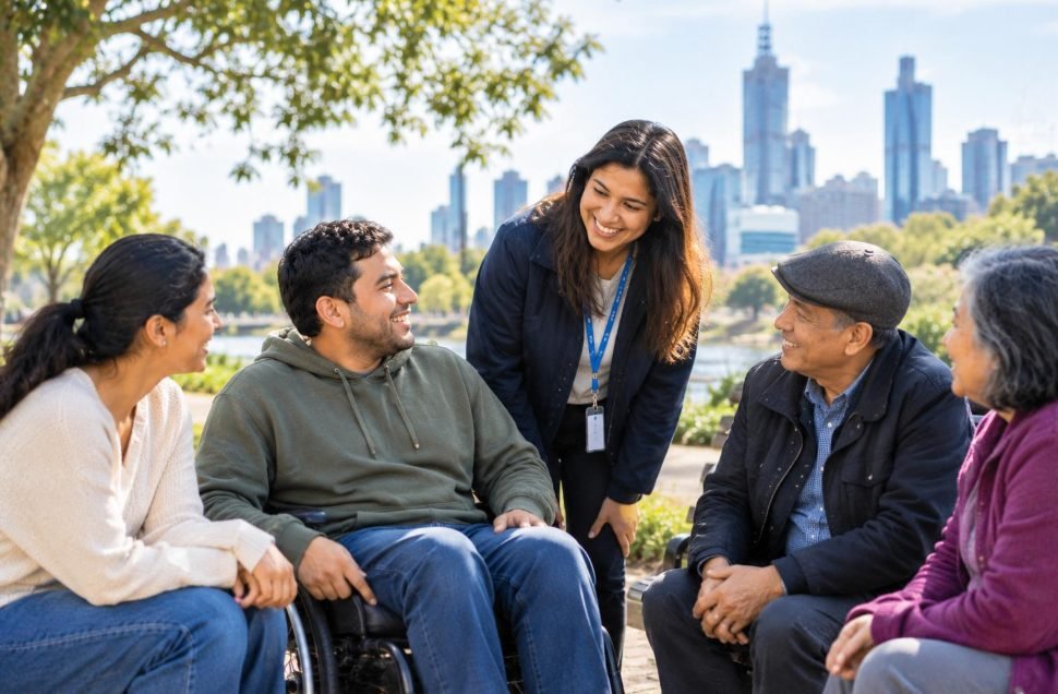 HelpingBridge support worker chatting with participants at a local park