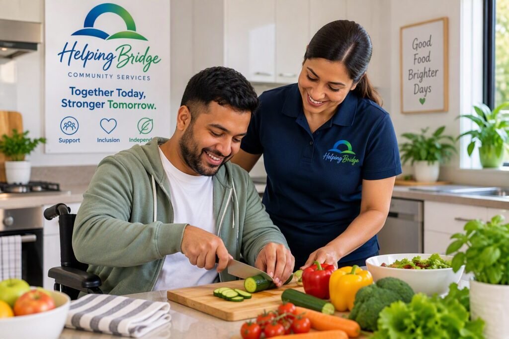 HelpingBridge support worker helping a participant prepare a healthy meal
