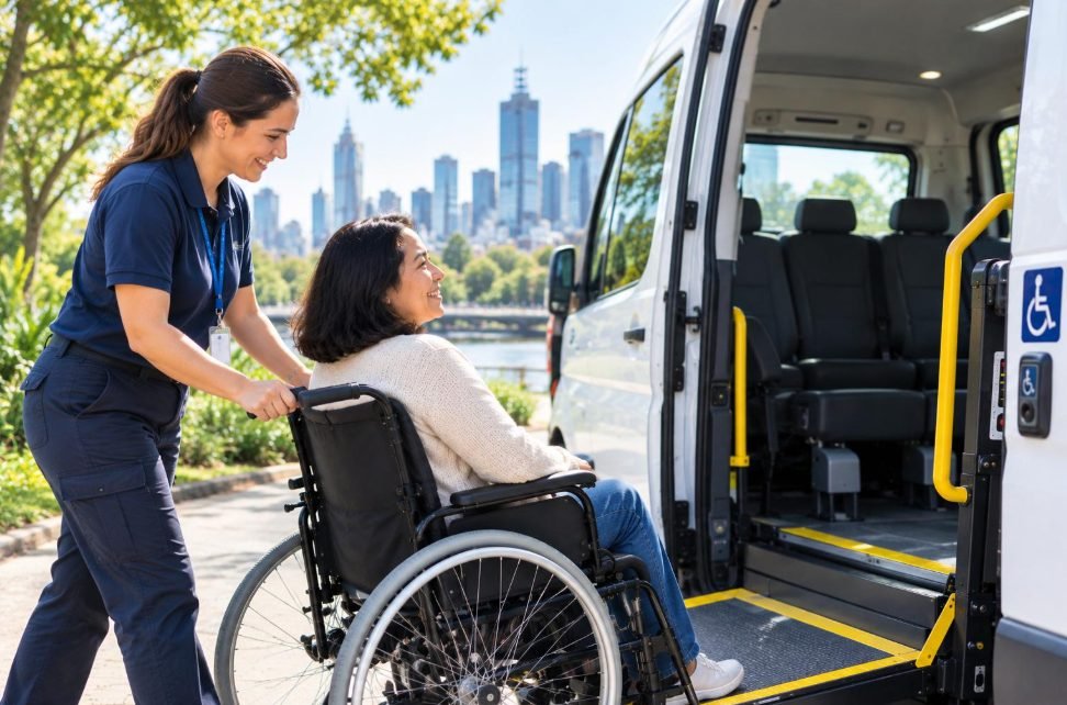Support worker helping a participant in a wheelchair board an accessible van